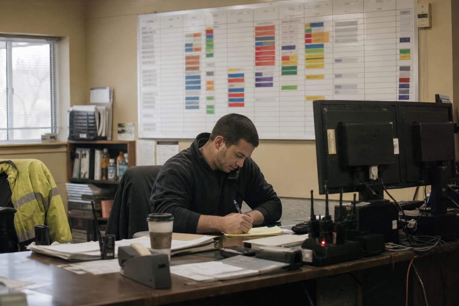 A dispatch coordinator on the phone while updating the day's crew notes
